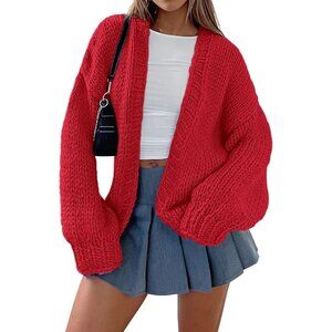 Womens Trendy Cardigan Sweaters Red Long Sleeve Chunky Knit Outfits